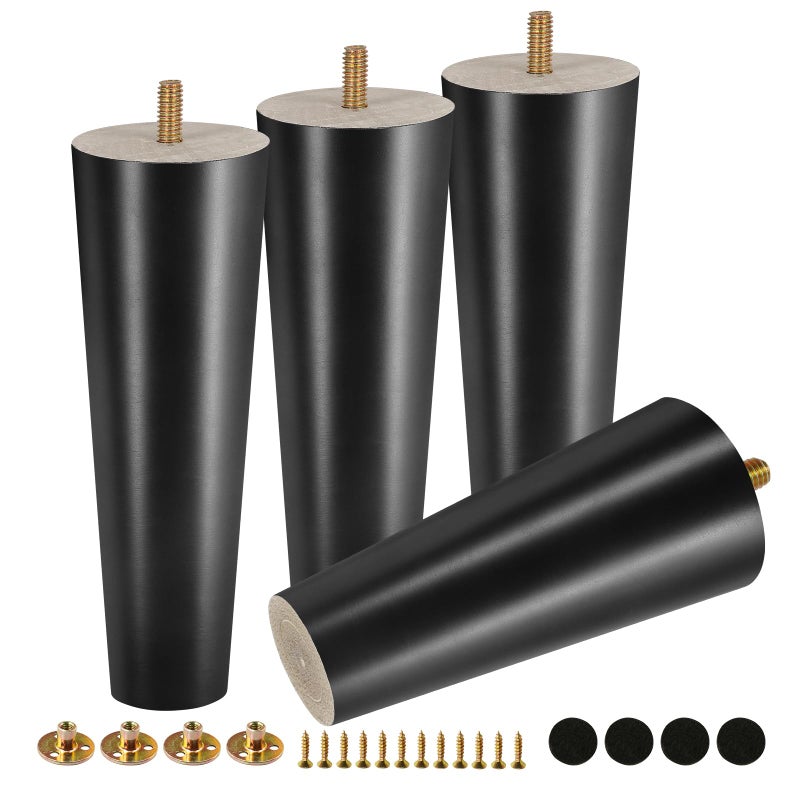 FoDau770 Black Rubber Wood Furniture Legs 7 Inches, Straight Tapered Wood Feet Mid Century Sofa Legs Set of 4, 5/16"" UNC Furniture Feet Replacement Parts for Cabinet Couch Dresser Chair Ottoman Table - Image 1